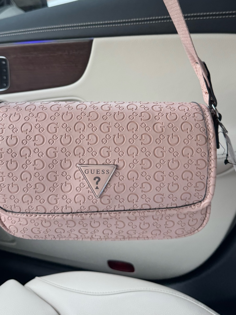 GUESS Pink Embossed Logo Crossbody Bag with Triangle Emblem